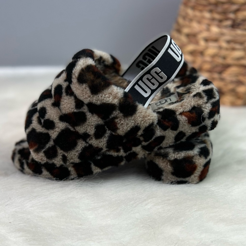 UGG Fluff Yeah Genuine Sherling Slingback Sandal Tan & Black Cheetah Print